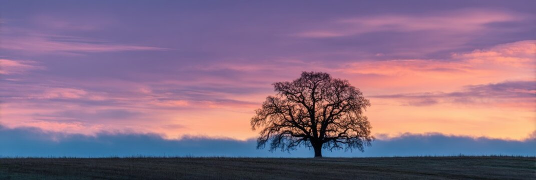 Majestic Oak Tree Silhouette Against a Vibrant Purple and Orange Sunset Sky with Wispy Clouds lone tree