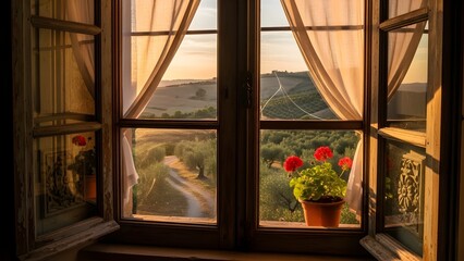 Serene countryside view from rustic window with potted flowers