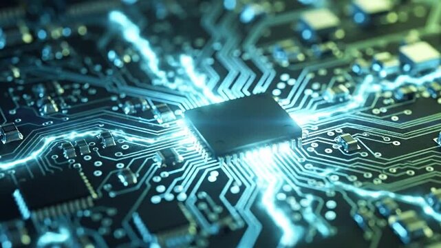 Close-up of a glowing computer chip on a circuit board with blue light.