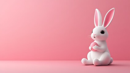 Cute white Easter bunny sitting on a pink background holding a pink heart