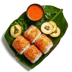 A vibrant dish showcasing fried rice cakes dusted with spices, adorned with golden kiwi slices and fresh herbs, complemented by a flavorful dipping sauce on a leaf plate.