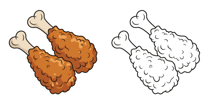 Fried chicken drumsticks with bones colored and outlined
