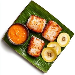 Three pieces of coconut rice cake served with slices of star and a sauce on a banana leaf against a white background representing fusion cuisine.