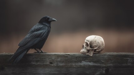 Obraz premium Raven Perched Near Old Skull on Wooden Fence in Moody Outdoor Scene Capturing Gothic Atmosphere