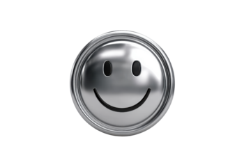 Metallic silver smiley face icon with black background and reflective surface symbol happy
