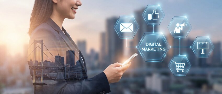 Businesswoman using smartphone with digital marketing icons overlaying cityscape background - Powered by Adobe