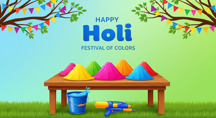 Obraz premium Indian festival happy Holi with colorful background with colorful holi elements on wooden table for celebration. Creative vector illustration design.