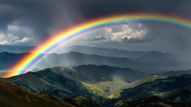 Rainbow over mountains during dramatic stormy sky