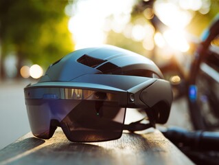 arenhanced sunglasses on a sleek bicycle helmet sitting on a city park bench during sunset merging futuristic gadgets with urban biking culture