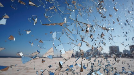 Numerous Sharp Glass Shards Reflecting A Bright Blue Sky And Beach Scene broken shattered