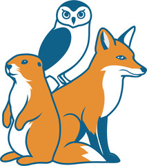Obraz premium illustration of a prairie dog, burrowing owl or ferruginous hawk, and possibly a fox.yellow and blue