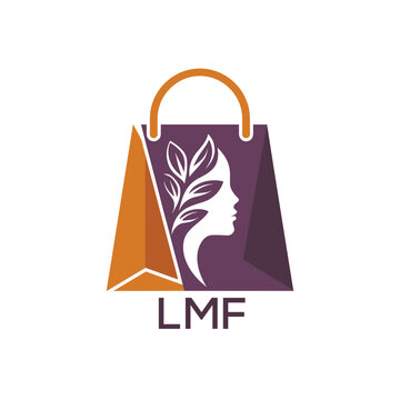 LMF Beauty Boutique Logo. LMF Woman Silhouette. LMF Leaf on Shopping Bag Icon.
