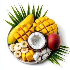 A beautifully arranged platter features vibrant yellow mango, slices of banana, a fresh coconut, and a red mango, all complemented by tropical leaves for a healthy treat.