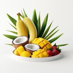 A tropical arrangement of fresh fruit, including bananas, mango chunks, halved coconuts, and strawberries, artfully displayed on a white plate with green leaves.