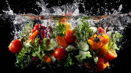 Fresh mixed salad with vibrant vegetables splashing in clear water, colorful tomatoes cucumbers and leafy greens capturing freshness, healthy eating, natural ingredients, and clean diet concept on a b