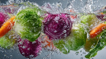 Fresh mixed salad with vibrant vegetables splashing in clear water, colorful tomatoes cucumbers and leafy greens capturing freshness, healthy eating, natural ingredients, and clean diet concept on a b
