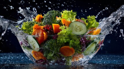 Fresh mixed salad with vibrant vegetables splashing in clear water, colorful tomatoes cucumbers and leafy greens capturing freshness, healthy eating, natural ingredients, and clean diet concept on a b