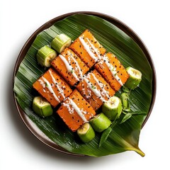 Sweet potato dessert squares are presented on a banana leaf with sliced bananas, garnished with coconut flakes and black sesame seeds for an inviting snack.