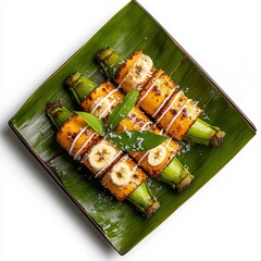 Delicious grilled plantains are carefully arranged on a vibrant green banana leaf, adorned with fresh banana slices and sprinkled with coconut flakes for a sweet treat.