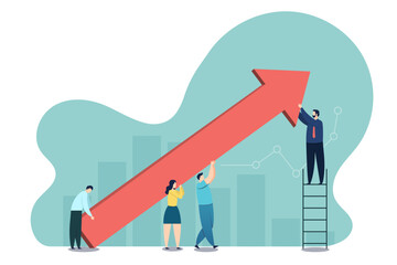 A diverse business team works together to lift a large red growth arrow. Flat art featuring bar charts and line graphs symbolizing success and collective progress.