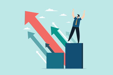 Happy businessman standing on top of a growing bar chart with multiple upward arrows, symbolizing achievement, financial growth, and career success.