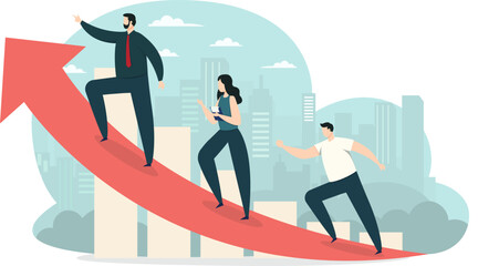 Professional team walking up a large red upward arrow against a city skyline and bar chart background, representing business growth and collective success.