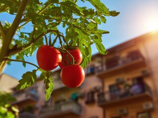 three vibrant red tomatoes dangle from lush green vines flourishing in a sunny urban balcony garden
