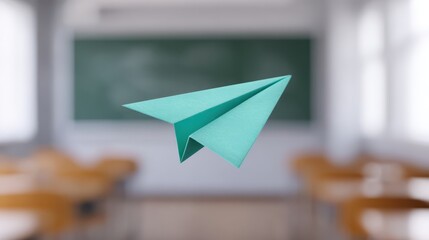 Teal student launches paper plane in grey classroom creative learning environment educational exploration