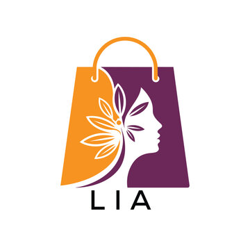 LIA Beauty Boutique Logo. LIA Woman Silhouette and Leaf on Shopping. LIA Bag Icon.
