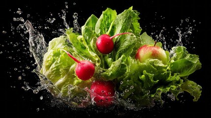 Fresh vegetables splashing in a bowl with crisp lettuce, sliced radish, and a red apple, vibrant colorful ingredients highlighting healthy eating, nutritious lifestyle, and dynamic food presentation