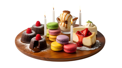 A colorful assortment of macarons and cakes isolated on transparent background