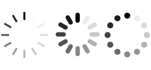 Set of minimalist grayscale loading spinners and progress bar icons isolated on a white background.