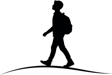 Silhouette of a person walking with a backpack on a hill