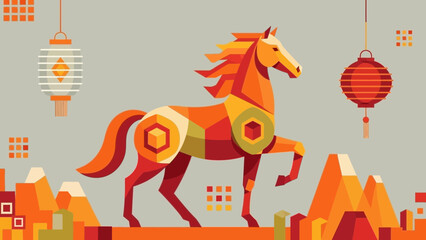 Obraz premium Stylized Geometric Horse Emblem with Hanging Asian Lanterns Background