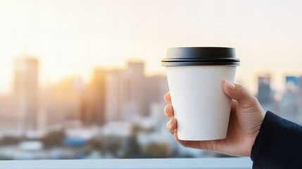 Female hand Holding Reusable white Coffee Cup on blurred city landscape background