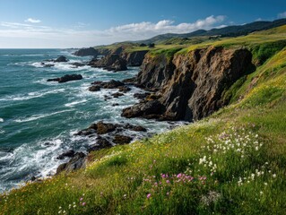 Rugged coastline with crashing waves, green grassy cliffs and wildflowers under a blue sky ocean