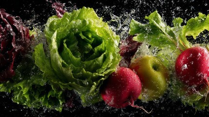 Fresh vegetables splashing in a bowl with crisp lettuce, sliced radish, and a red apple, vibrant colorful ingredients highlighting healthy eating, nutritious lifestyle, and dynamic food presentation