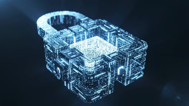 A 3D rendered image of a glowing blue padlock with a glowing blue grid pattern and a sphere inside, against a dark blue background