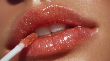 Naklejka premium Close-Up of Glossy Lips with Applicator Highlighting Radiant Makeup Effects in Soft Natural Lighting