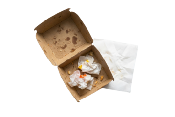 An empty takeout box with crumpled wrappers inside, indicating recent food consumption.