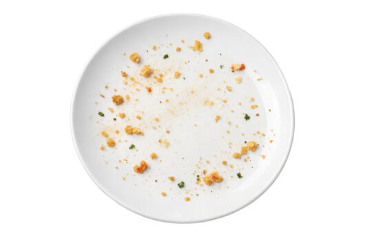A white plate with remnants of food scattered across the surface, showing crumbs and small bits of ingredients.