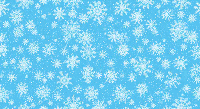 Winter season seamless pattern with a dense flurry of intricate white snowflakes and frost on a bright light blue background.