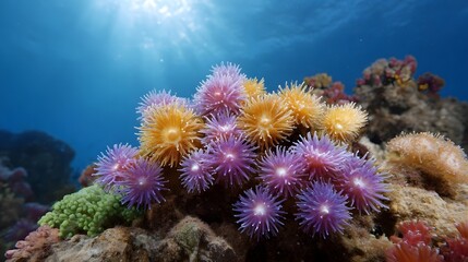 A vibrant underwater coral reef teeming with colorful polyps and marine life illuminated by sunlight