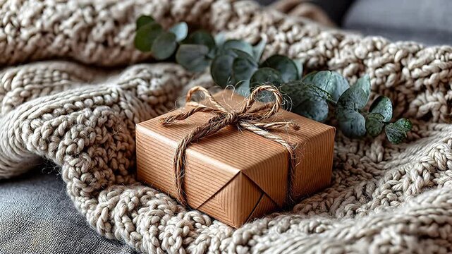 A brown paper gift box tied with twine sits on a textured grey knitted blanket.