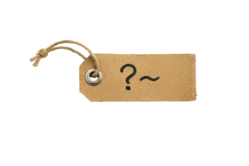 A brown paper tag with a string, featuring a question mark and a tilde symbol.