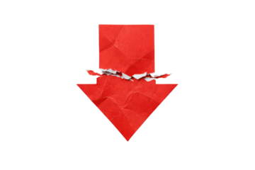 A bold, red arrow pointing downward, featuring a torn effect that adds texture and visual interest.