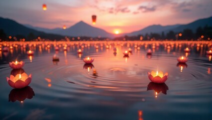 Landscape of glowing floating lotus candlelit lanterns, river, mountains, sunset sky, Loy Krathong festival celebration Thailand - good fortune, love, success, gratitude, buddhist mindfulness symbol 