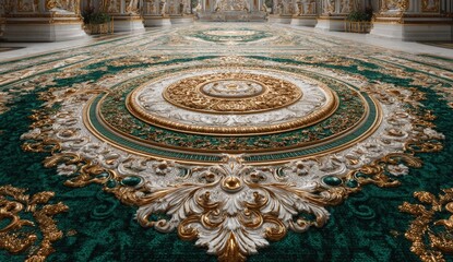 Obraz premium Ornate green and gold carpet with intricate patterns and textures, showcasing luxurious design elements in a grand interior space, highlighting elegance and sophistication