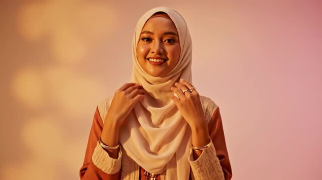Woman in hijab smiling with hand on face and gold bracelets