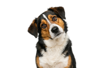 A curious dog with a mix of black, brown, and white fur, tilting its head in an endearing manner.